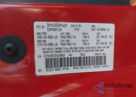 2003 Dodge Ram 1500 St/Slt from USA, damaged, VIN 1D7HA18D73S339463